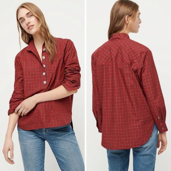 J. Crew Tops - J. Crew Red Jeweled Button Plaid Popover Tunic Sz 0 NWT
